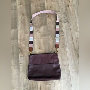 Fossil Fiona Large Crossbody Bag Purse Leather Bordeaux Red Purple Fabric Strap